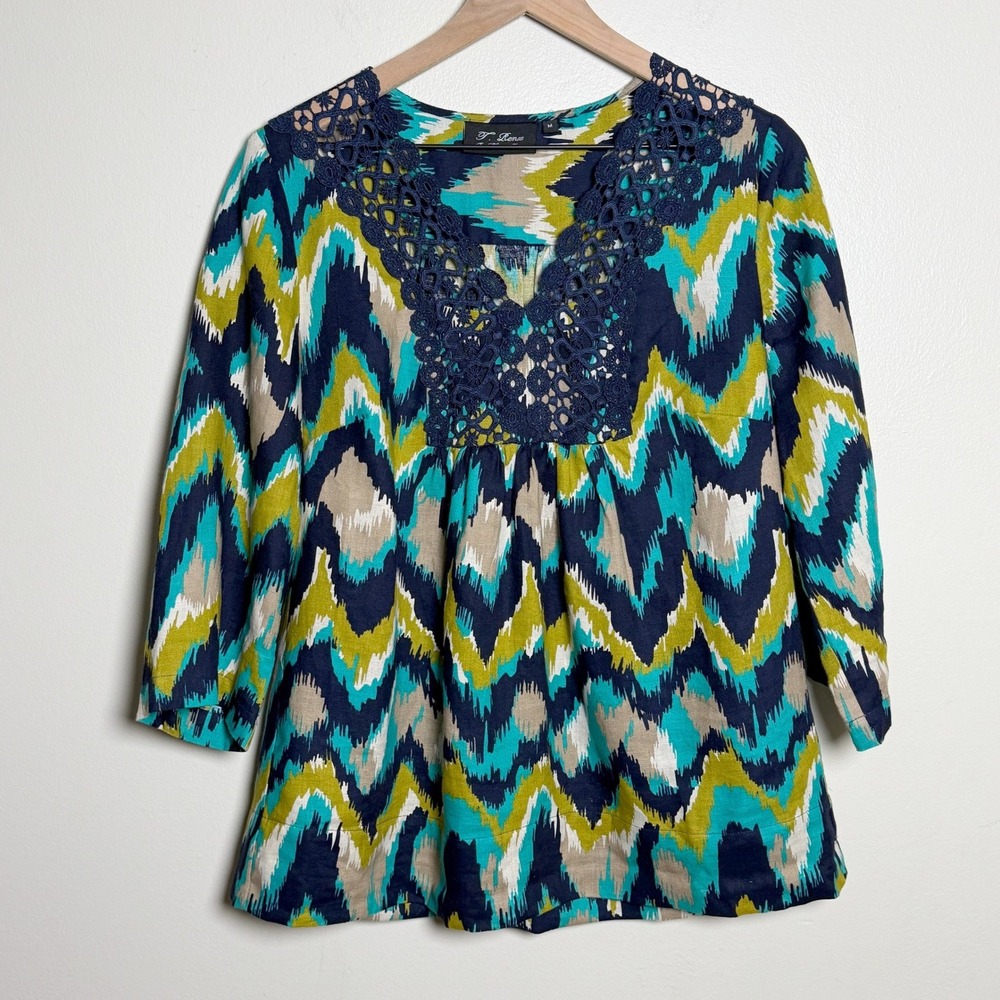 T Renz by Theresa Renz Womens Blue Ikat Linen Crochet Lace Blouse M Office Boho